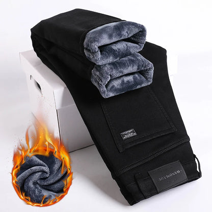Winter Fleece Thick Warm Jeans Men's Slim Straight Elastic Denim Pants Casual Male Clothing Fashion Plush Trousers.