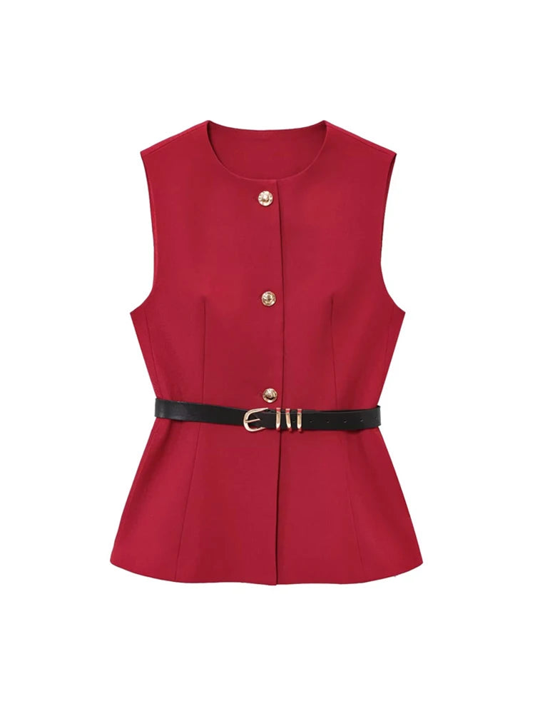 TRZA-Lange Damenweste mit Gürtel, Goldknopf vorne, O-Ausschnitt, ärmellose Weste, weibliche Oberbekleidung, schicke Oberteile, Mode.