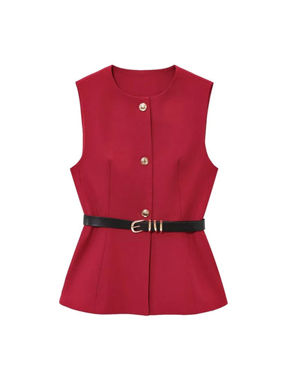 TRZA-Lange Damenweste mit Gürtel, Goldknopf vorne, O-Ausschnitt, ärmellose Weste, weibliche Oberbekleidung, schicke Oberteile, Mode.