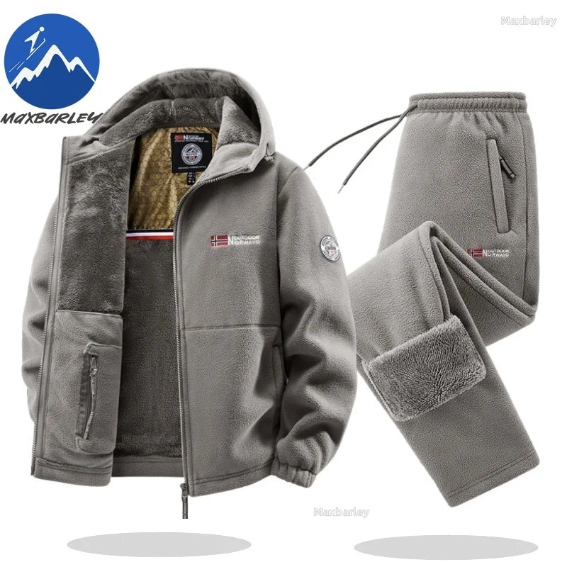 Maxbarley Winter Sportswear Set Mens Retro Training Thick Fleece Jacket + Pants Two Piece Set Casual Ski Running Tracksuit Suit