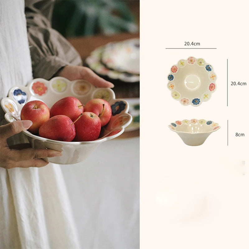 Floral Embossed Rim Soup Dessert Plate - Elegant Ceramic Appetizer Dish for Breakfast, Cafe Dining, Home Kitchen Tableware Set