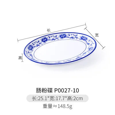 Melamine Chinese Style Blue and White Porcelain Tableware Creative Oval Dinner Plate.