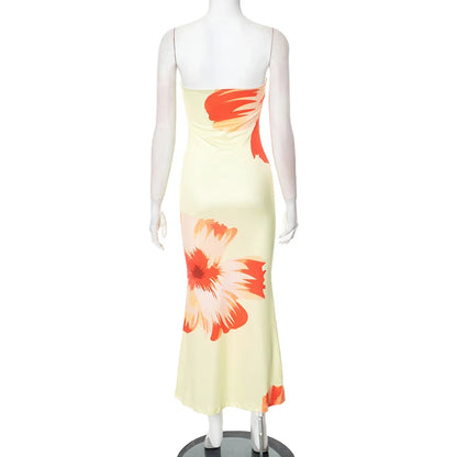 CUTENOVA Damen 2024, neues, mit Blumenmuster bedrucktes, schlauchloses Kleid, lässig, Urlaub, schulterfrei, schlank, Strand, bodenlang, langes Kleid