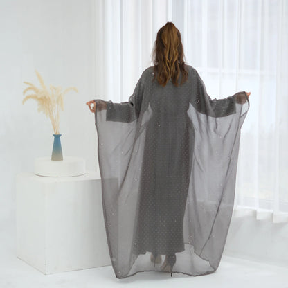 Eid 2 Piece Muslim Woman Set Diamonds Butterfly Abaya with Matching Inner Dress Dubai Luxury Kebaya Caftan Marocain Islam Outfit.