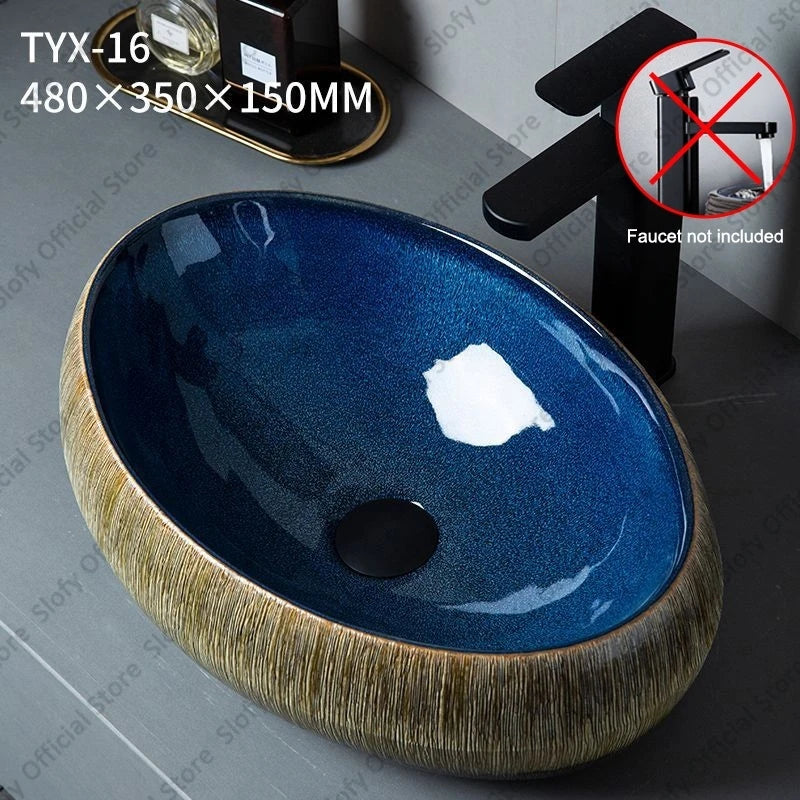 Vintage Elegant Countertop Washbasin Classic Blue Art Hotel Ceramic Basins Sink Multiple Styles Outdoor Balcony Bathroom Sinks