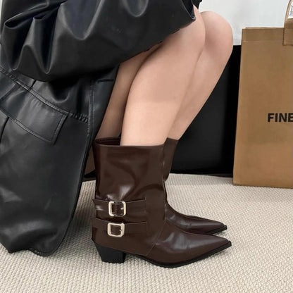 Winter Pointed Toe Thick Heel Women Ankle Boots Elegant Back Belt Buckle Slip On Shoes Street Style Party Short Botas Mujer.