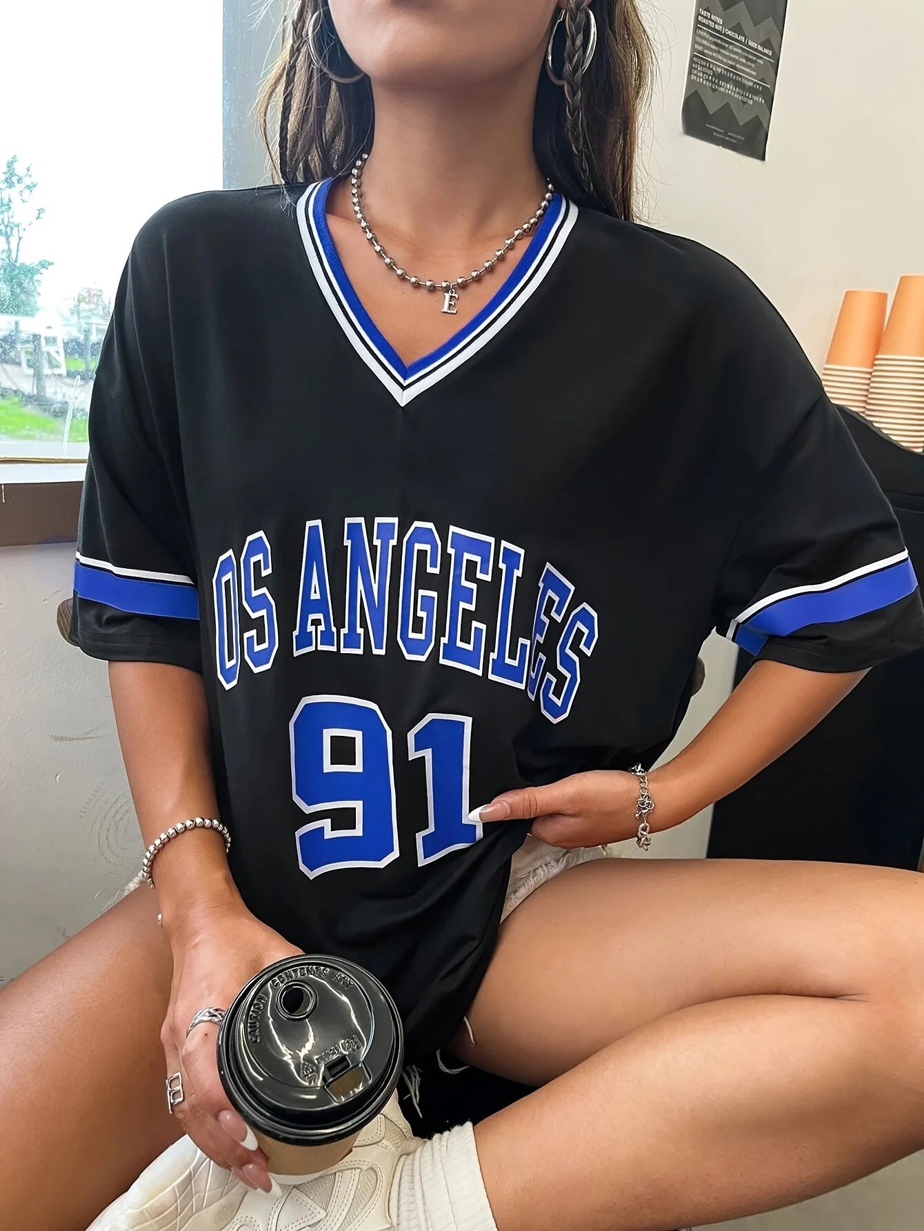 Women's Large Printed T-shirt Los Angeles 91 Letter Short Sleeve V-neck Loose Street Wear Sports Jersey Spring/Summer Tshirt Top.