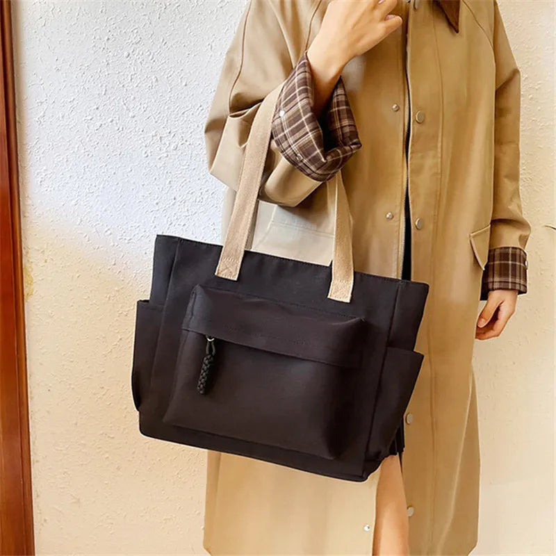 Nylon Tote Bag with Multiple Pocket Lightweight Foldable Design for Office Commute Shopping Fitness Storage Handbag Shoulder Bag.