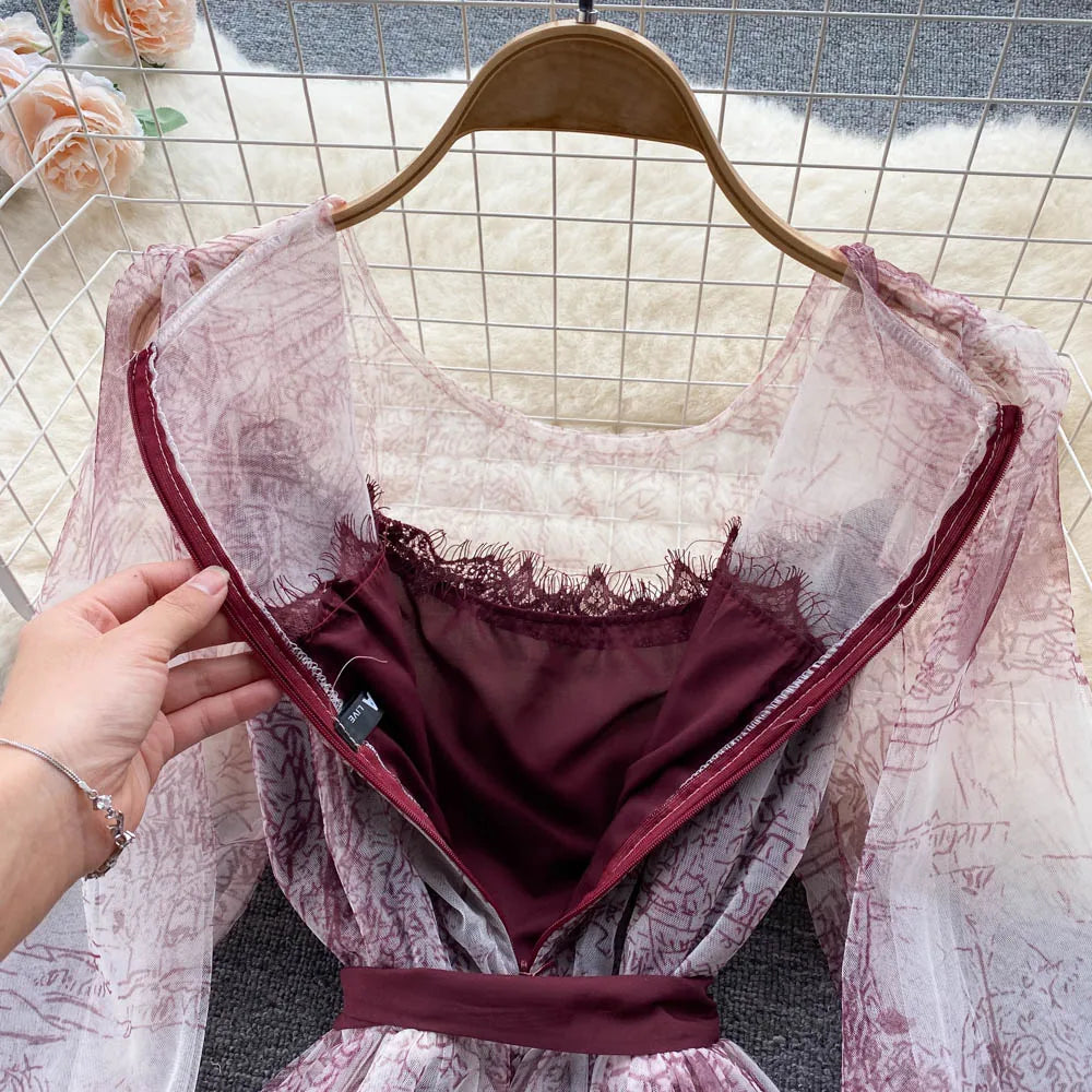 Elegante Frauen Mesh Kleid Vintage Laterne Ärmeln Gedruckt Party Kleider Frühling Sommer Patchwork A Line Bandage Strand Kleid.