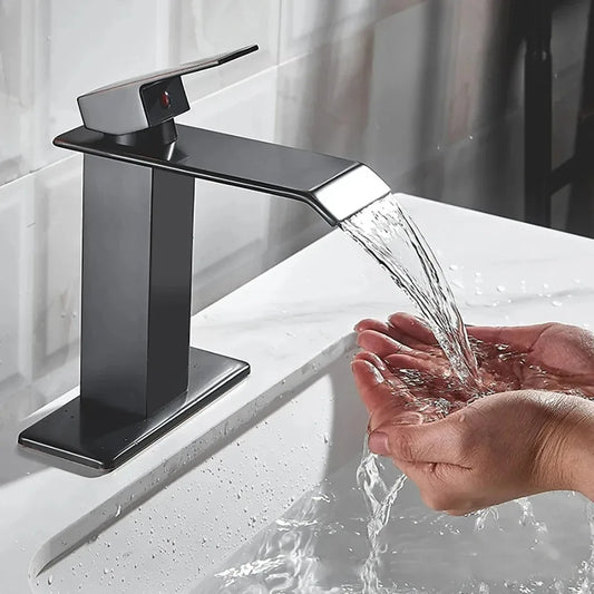 Black waterfall hot and cold faucet wash basin countertop basin bathroom cabinet splash proof basin faucet kitchen