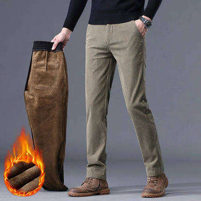 Khaki Black Gray Fleece Men's Corduroy Casual Pants Chenille Thick Stretch Business Trousers Mid-rise Brand Winter Thermal Pants.