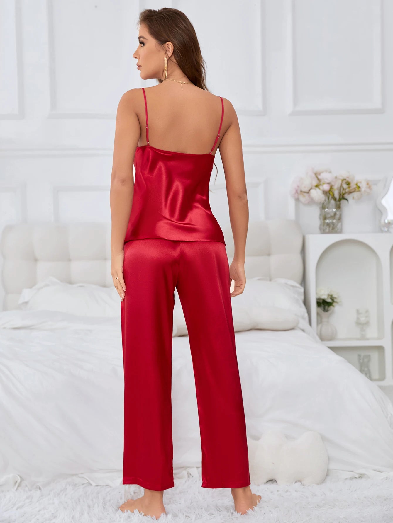 Sexy Solid Satin Pajamas Sets Sleeveless Loungewear Simple Breathable Sleepwear for Women