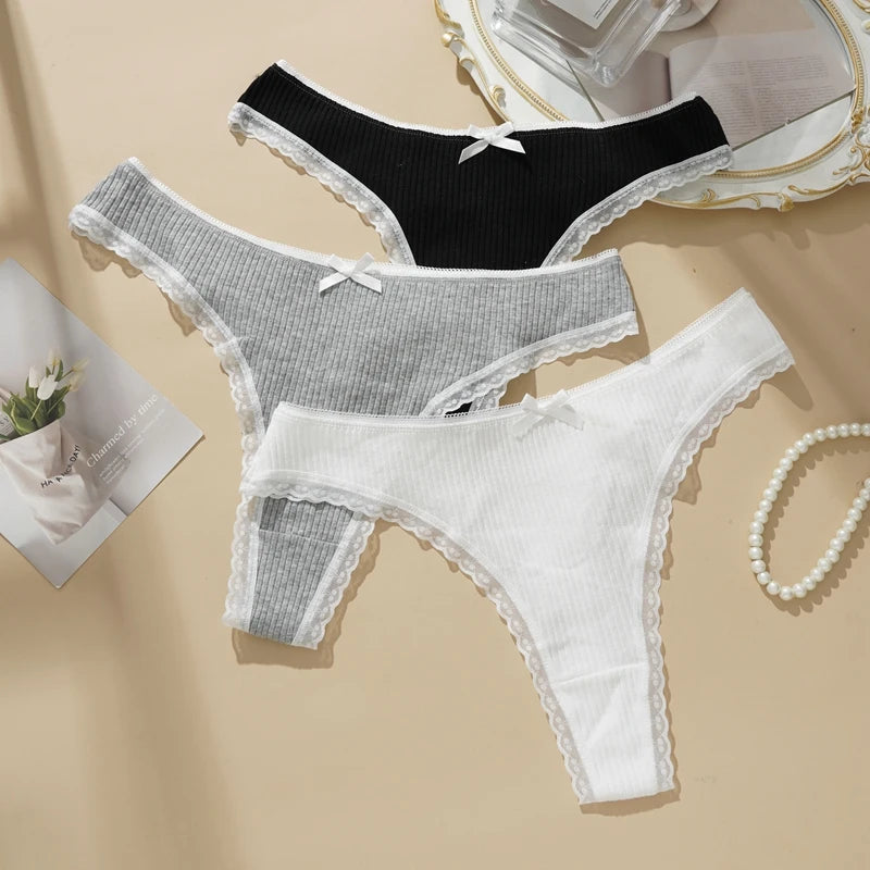 3PCS Sexy Low Waist Panties Women Lace Trim Solid Color Briefs M-XL Breathable Comfortable Lingerie Female Rib Cotton Underwear.