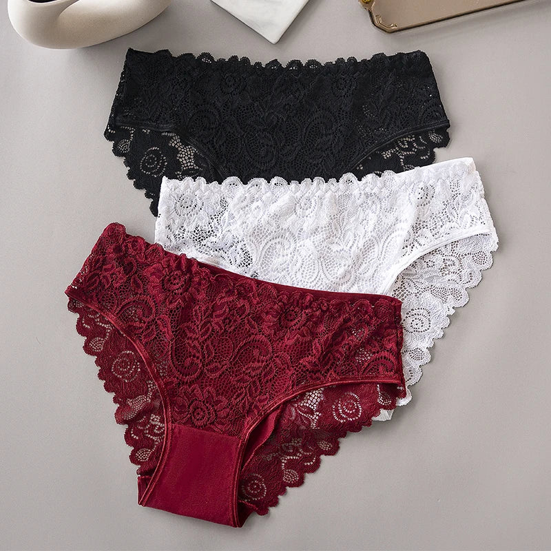 3PCS/Set Luxury Floral Embroidery Lace Panties Women Briefs Sexy Hollow Lingerie Female Underwear Ladies Breathable Underpants.