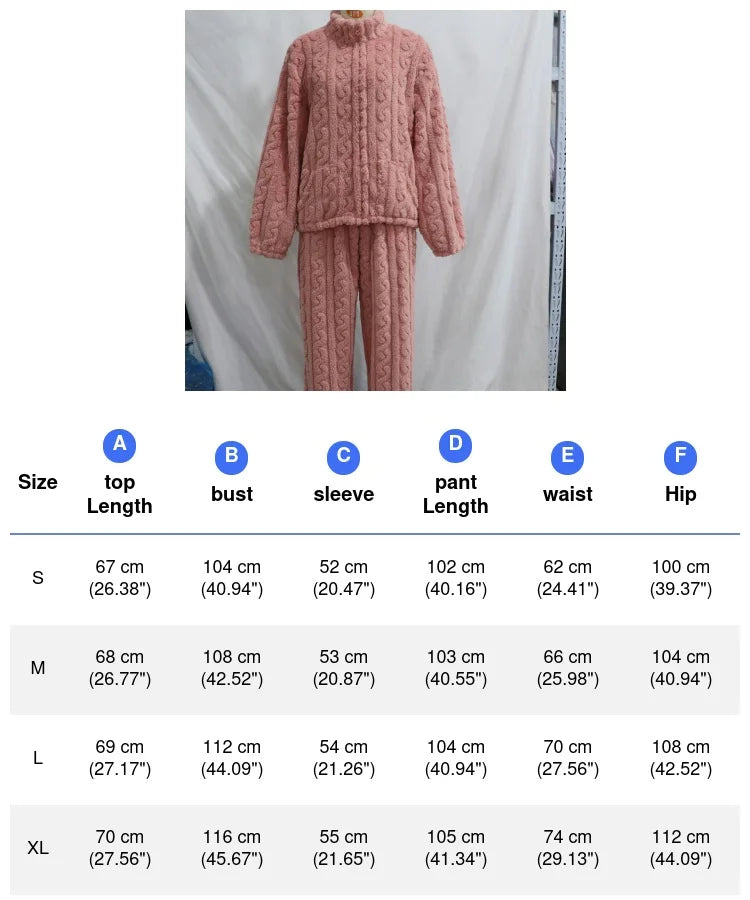 Thick Coral Fleece Pajamas Suit Women Long Sleeve Zip Top Pants Winter Autumn Warm Sleepwear Nightwear with Pocket Pjs.