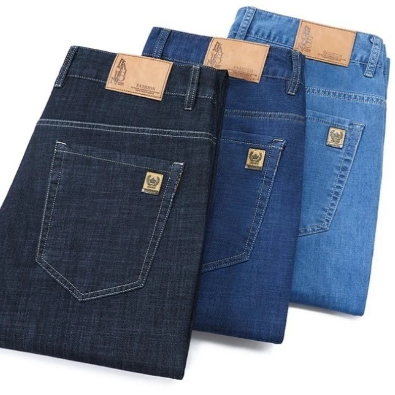 Men's Ice Silk Jeans Summer New Lyocell Thin Business Casual Denim Pants Classic All Match Slim Fit Straight Elastic Jean Male.