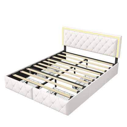 Lazyspace PU-Polsterbett, weißes Einzel- und Doppelbett mit Lattenrost, Holz, mit 4 Schubladen und LED-Kopfteil