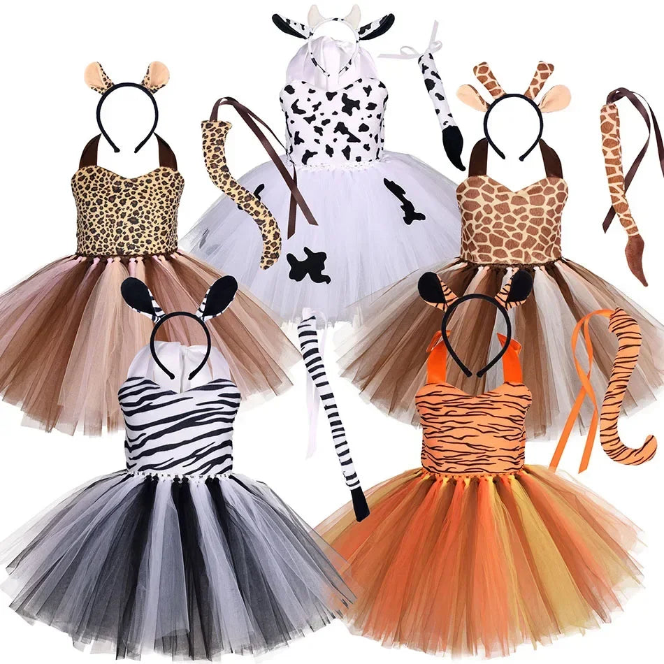 Halloween Tier Cosplay Kostüm für Kinder Wald Thema Kühe Tiger Giraffe Leopard Zebra Tutu Kleider Performance Tanz Sets.