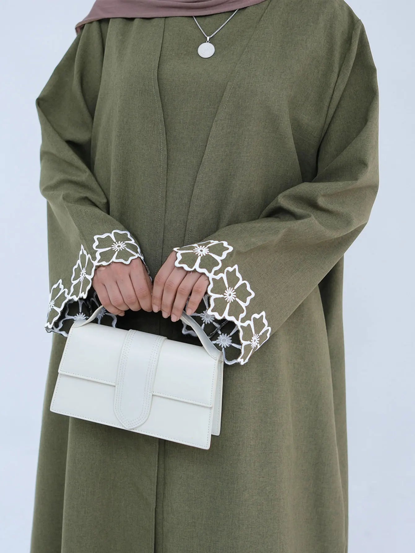 Chic Coffee Color Outer Piece Abaya Geometric Cuff Embroidery Ideal Modern Muslim Women Suitable for Daily/Semi formal Occasion.