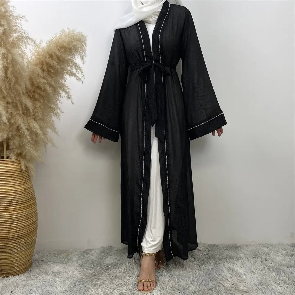 New Eid Ramadan Diamonds Open Kimono Abaya for Women Kaftan Muslim Dress Dubai Turkey Robe Islam Clothing Kebaya Caftan Jalabiya.