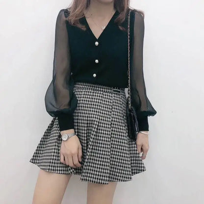 clothe Women's Spring Autumn Style Chiffon Blouses Shirt Women's Knitted Button Long Sleeve Solid Color Lace Patchwork Tops.