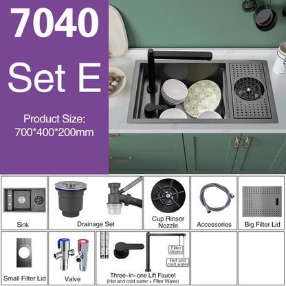 ASRAS Nano Black Small Size Kitchen Sink Cup Washer Hidden Bar Counter Cover Concealed Single Bowl Sinks With Lifting Faucet