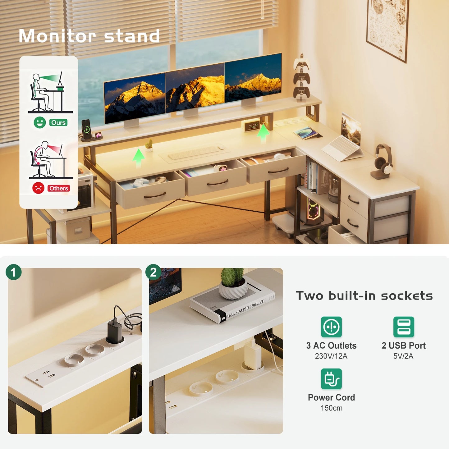 Weißer L-förmiger Schreibtisch mit LED Beleuchtung Schubladen Regal USB Steckdosen Computertisch 200cm