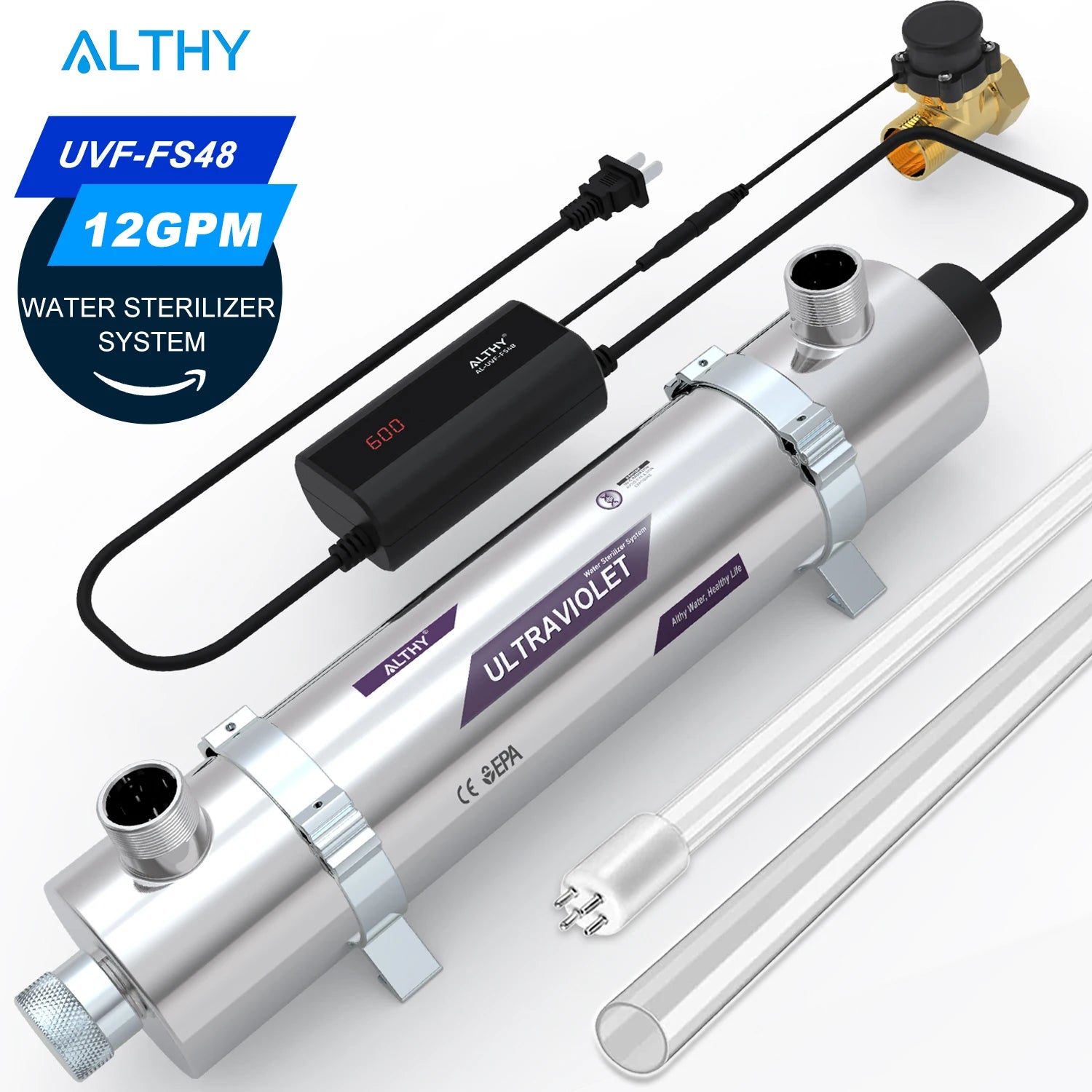 ALTHY Whole House UV Ultraviolet Water Sterilizer System Filter Purifier + Smart Flow Control Switch Stainless Steel 12GPM.