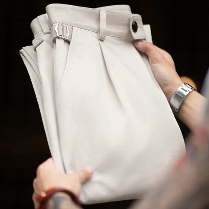 Maden Vintage Gentleman Naples Pants Korea Fashion Casual  Paris Button Straight Wide Trousers 100% Cotton Solid Work Suit Pants.