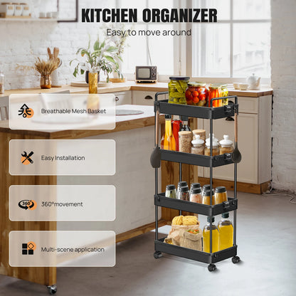 DayPlus Aufbewahrungswagen, 4-stufiger Küchenaufbewahrungswagen auf Rädern, Badezimmerwagen, Mobilitätswagen mit 360 °   Rotationsräder