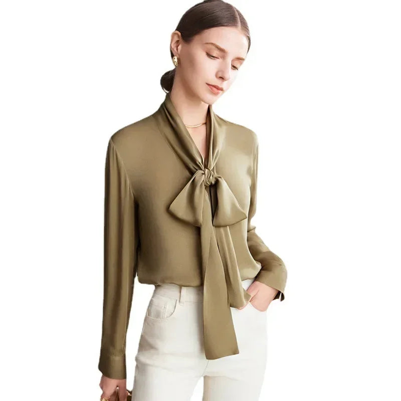 Silk Shirt Women's Thick Temperament Streamer 2025 Spring and Summer New Mulberry Silk Lace-up Design Shirt Long-sleeved Top.