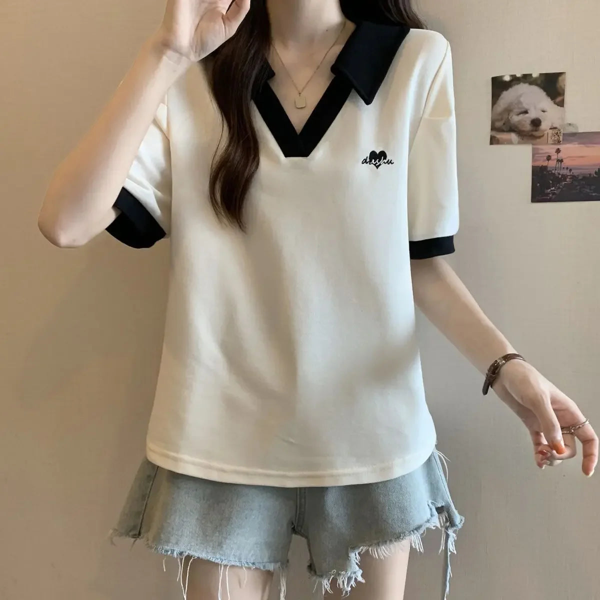 Plus Size Women's Casual Polo Neck Short Sleeve T-Shirt Slimming Belly Cover Summer Age Defying Shoulder Level Top.