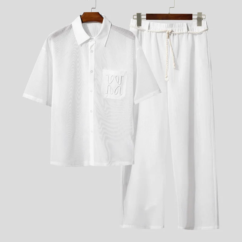 INCERUN Men Sets Mesh Patchwork See Through Sexy Short Sleeve Shirts & Pants Two Pieces Sets Streetwear 2025 Men's Casual Suits