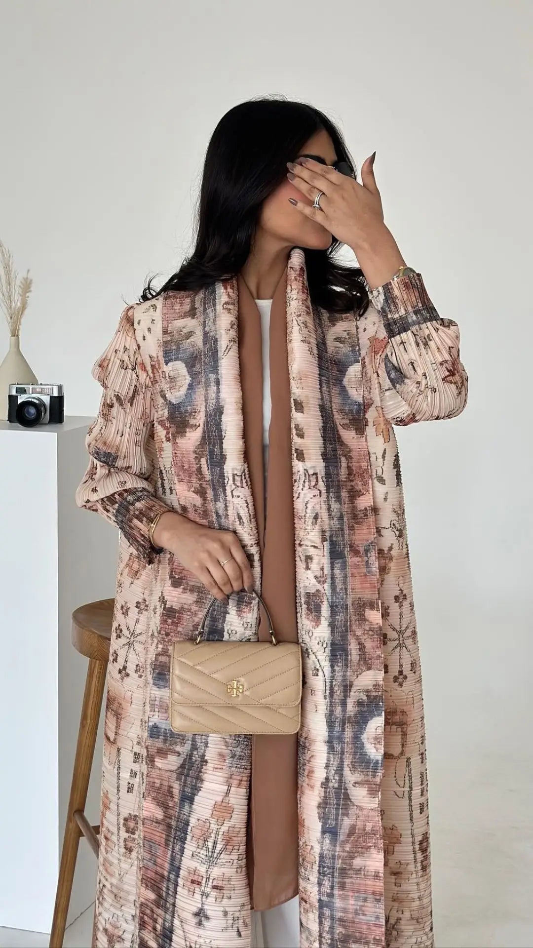 Abaya Miyake Pleated Printed Robe Jacket Arabian Dubai Style Women's Long Sleeve Conservative Demure Muslim Trench Coat 55inches