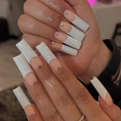 Mid-length Coffin Fake Nails 24Pcs White French Tip Ballerina Press On Nail Pink/White Flower Printed Spring/Summer DIY Manicure.