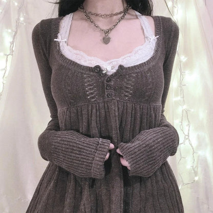 2000er Jahre Vintage Langarm Babydoll Strickpullover Tops Cottage Milkmaid Pullover Ästhetische Grunge Y2k Strickwaren T-Shirts Damen.