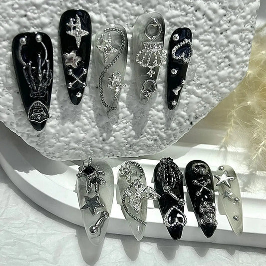 Jirai Japanese Spice Girls Handmade Press On Nails Y2K Black White Long Tip Nail Art 3D Butterfly Star Crown Cool Fake Nails.