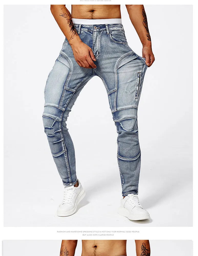 Two tone distressed patchwork jeans for men trendy jeans for summer thin straight leg pants slim fit small leg distressed jeans.
