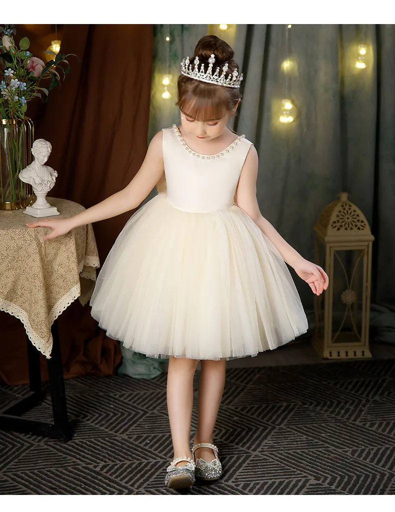 Weiße Blumenmädchenkleider für die Hochzeit, elegantes Kinder-Taufkleid und Kopfbedeckung, kurzärmelig, für Kinder, Kommunion, Geburtstagsfeier.