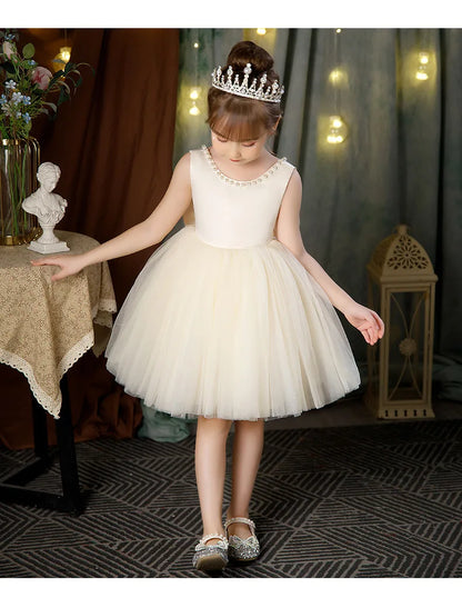 Weiße Blumenmädchenkleider für die Hochzeit, elegantes Kinder-Taufkleid und Kopfbedeckung, kurzärmelig, für Kinder, Kommunion, Geburtstagsfeier.