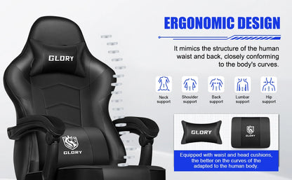 Daccormax Ergonomischer Gaming-Stuhl mit verstellbarer Lordosenstütze und Kopfstütze, Design mit hoher Rückenlehne + faltbarer Fußstütze für PC-Gamer