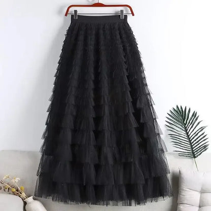 Chamliforve Women Tulle Mesh Skirt Elegant Elastic Waist Fairy Long A-line Tutu Skirt for Spring Summer Long Cake Skirt