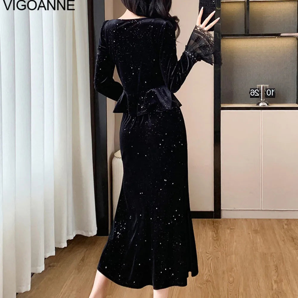 VigoAnne 2025 Black Long Sleeve Top And High Waist Korean Skirt 2 Piece Sets Woman Spring Autumn Velvet Long Dress Suit Ladies.