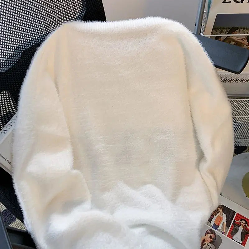 Vintage Preppy Kawaii Cartoon Jacquard Pullover Süße Harajuku Lose Grunge Pullover Y2k Ästhetische Frauen Weiße Gestrickte Pullover.