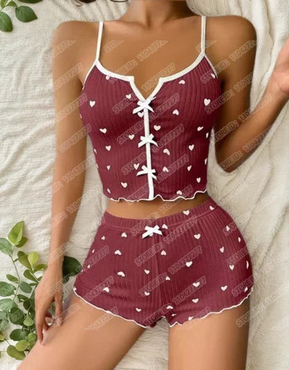 Frauen Sexy Nachtwäsche Pyjamas Set Herz Druck Seide Fleck V-ausschnitt Ärmellose Sexy Dessous Casual Cami und Shorts Sets Loungewear.