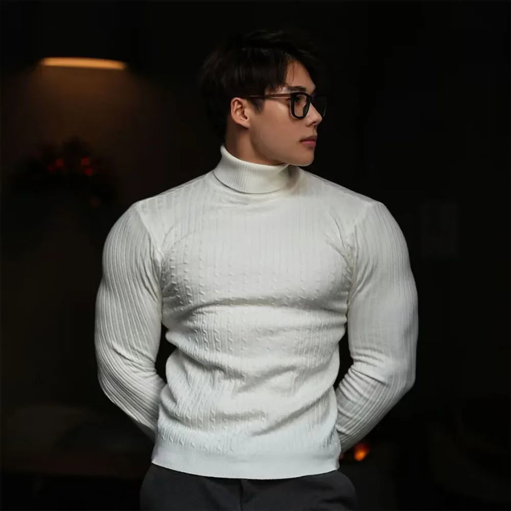 New Men's Turtleneck Sweaters Autumn Knitted Striped Streetwear Warm Long Sleeved Pullover Solid Color Basic Style Casual Tops.
