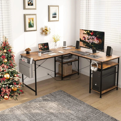 L-förmiger Schreibtisch im Industrial-Stil, 140/230cm, Verstellbarer Computertisch mit Ablagen & Integrierter Steckdose