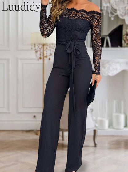 Off Shoulder Long Sleeve Lace Patchwork Slim Fit Jumpsuit Tied Detail Casual Overalls.