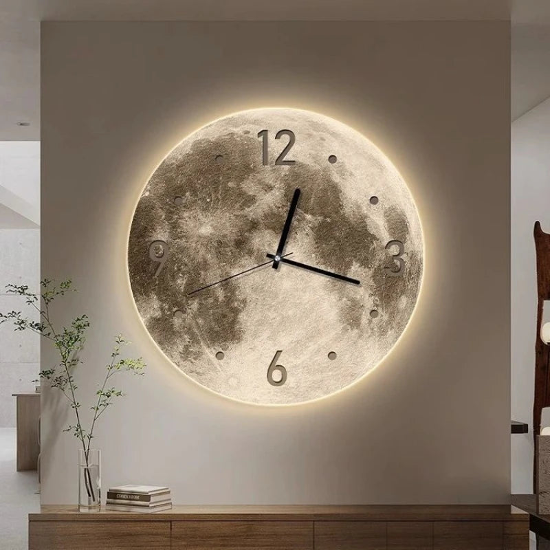 20-Zoll-Mode-Wanduhr, Esszimmer, Wohnzimmer, Mond, die Erde, Modellierung, LED-Licht, geräuschloses Uhrwerk, Schlafzimmeruhr, Wanddekoration