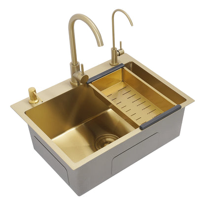 Gold Drop-in-Küchenspüle, 23,62 x 17,72 Zoll, Einzelschüssel-Arbeitsplatte oder eingebettetes Küchenspülen-Set aus Edelstahl, 7,87 Zoll Tiefe